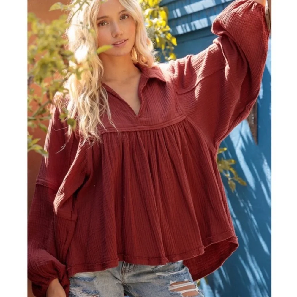 Ces Femme Burnt Orange Gauze Peasant Blouse - Picture 1 of 14